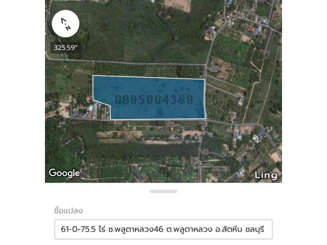 ขายที่ดินพลูตาหลวง สัตหีบ ชลบุรี ใกล้แยกเกษมพล 61ไร่ ติดถนน2 ด้าน ใกล้สวนน้ำรามายณะ และวัดเขาชีจรรย์