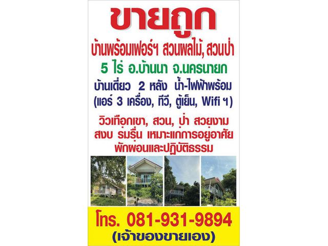 ขายถูกบ้านพร้อมเฟอร์นิเจอร์ สวนผลไม้, สวนป่า 5 ไร่ อำเภอบ้านนา จังหวัดนครนายก