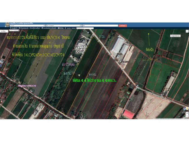 Land for sale 44 Rai 2 Ngan 44 Sq. Width 117 m. On the road 3014 Thaicom - Wat Chedi Hoi, Bo Ngoen District, Lat Lum Kae