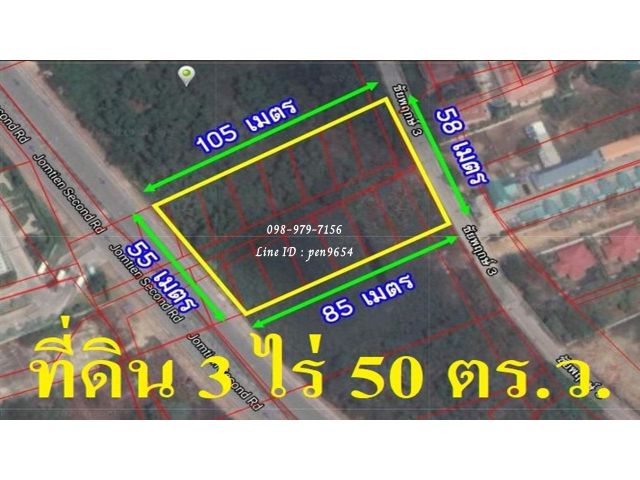 PH951 ขายที่ดินเปล่าพื้นที่สีแดง 3 ไร่ 50 ตารางวา ติดถนนจอมเทียนสาย 2