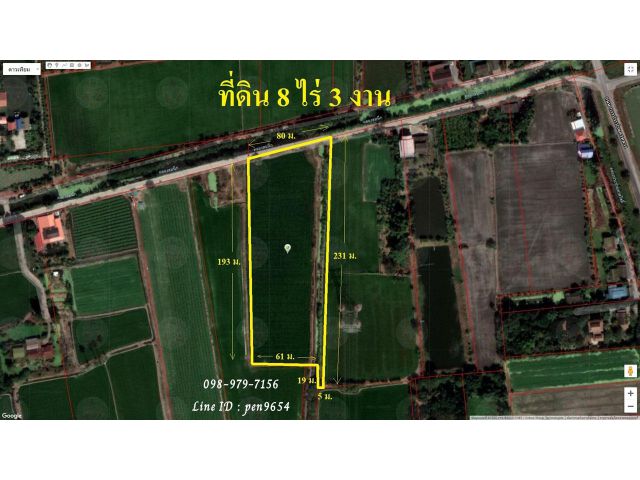 PH969 ขายที่ดินติดถนนติดคลอง 8 ไร่ 3 งาน ตำบลบางคูรัด ไฟฟ้าประปาถึงที่ดิน
