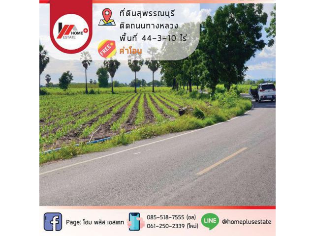 ขายที่ดินสุพรรณบุรี ติดถนนทางหลวง ต.จรเข้สามพัน ,อ.อู่ทอง ,จ.สุพรรณบุรี เนื้อที่ 44 ไร่ 3 งาน 10 ตรว.