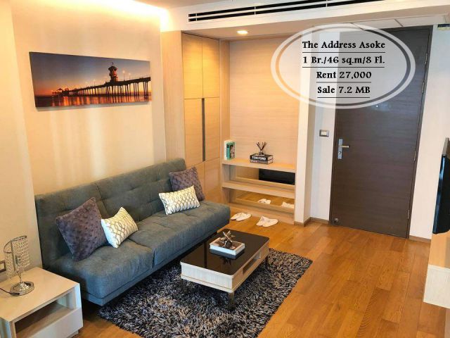 เช่า&ขาย- The Address Asoke/1 นอน /46 ตรม./ชั้น 8  ใกล้ MRT เพชรบุรี  เช่า 27,000 /ขาย 7.2 ล้าน
