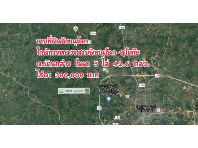 > ขายที่ดินพิษณุโลก ใกล้ทางหลวงพิษณุโลก-สุโขทัย 5 ไร่ 42.6 ตรว.