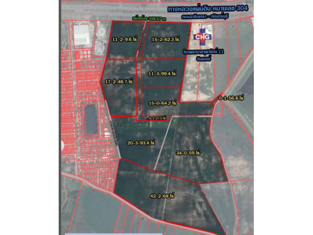 ขายที่ดิน 176-1-86 ไร่ ติดถนน 304  ข้าง รพ.จุฬารัตน์ 11 อินเตอร์ ปราจีนบุรี ที่ดินทำเลดี ราคาถูก