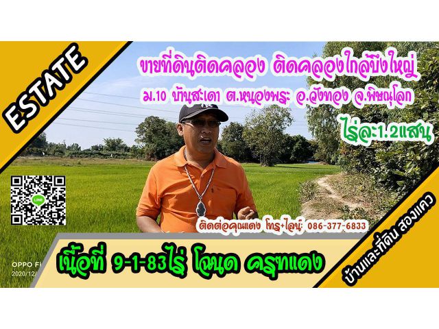 ขายที่ดิน ใกล้บึงใหญ่ ติดคลองเล็ก 9-1-83ไร่ ม.11 บ้านสะเดา ต.หนองพระ อ.วังทอง พิษณุโลก ไร่ละ 1.2แสน