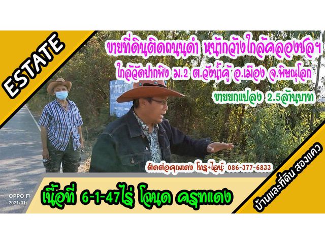 ขายที่ดิน ติดถนนดำ  ติดคลองชลฯ ไฟฟ้า ประปาถึง ขนาด 6-1-47ไร่ ต.วังน้ำคู้ อ.เมือง พิษณุโลก ขาย2.5ล้าน