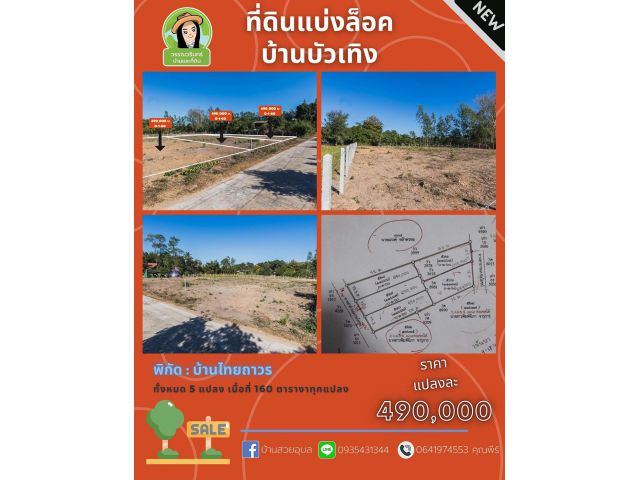 ที่ดินแบ่งล็อคบ้านบัวเทิง ซ.บ้านไทถาวร ราคาแปลงละ 490,000 บาทเท่านั้น