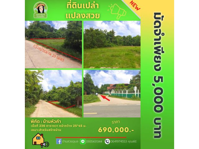 ที่ดินสำหรับสร้างบ้าน บ้านหัวคำ ขามใหญ่ 236 ตร.ว. ราคาเพียง 690,000 บาท