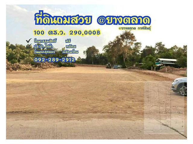 ที่ดิน 100 ตร.ว. ถมสวย  ฟรีโอน  ที่ดินถมสวยขนาดกำลังพอดี    เทศบาลยางตลาด