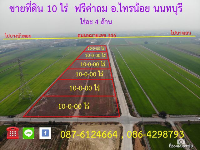 S301 ขายที่ดิน 10 ไร่ พร้อมถมฟรี นนทบุรี ที่ดินแบ่งขาย ไทรน้อย ราคาถูก
