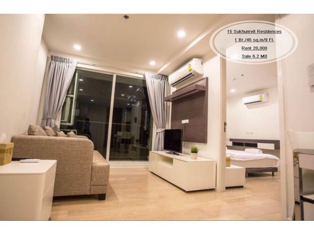 เช่า&ขาย- 15 Sukhumvit Residences /1 ห้องนอน / 45 ตร.ม. /ชั้น 9 ใกล้ BTS อโศก เช่า 20,000/ขาย 6.2 ล้าน