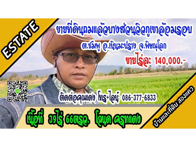 ขายที่ดินเปล่า ใกล้ถนนดำ วิวเขาโอบล้อม 39ไร่66ตรว. ต.ชมพู อ.เนินมะปราง พิษณุโลก ไร่ละ 1.4แสน