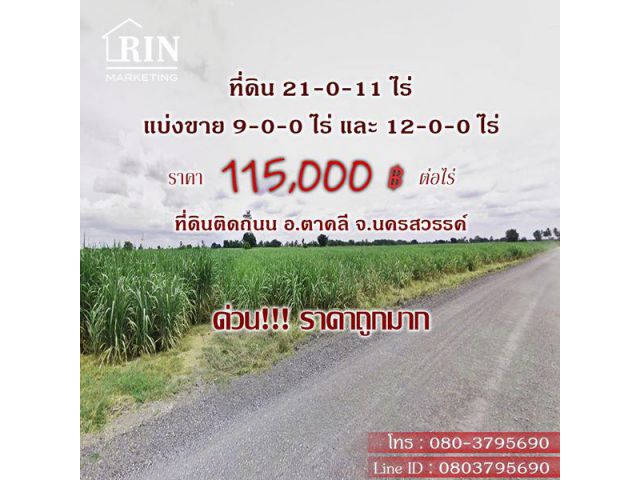 R-050-028 ที่ดินแบ่งขาย 9-0-0 ไร่  อ.ตาคลี จ.นครสวรรค์ ราคา 115,000 /ไร่