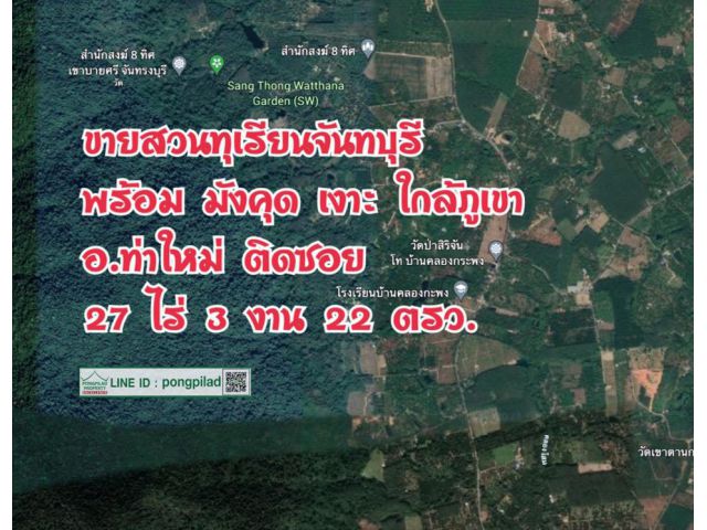 > ขายสวนทุเรียน มังคุด เงาะ จันทบุรี ใกล้ภูเขา ติดซอย 27 ไร่ 3 งาน 22 ตรว.