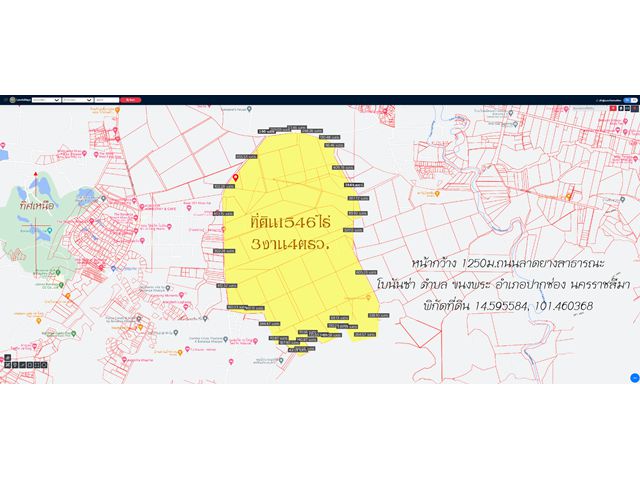 Land for sale, Khao Yai Bonasa, area 1546 rai 3 ngan 4 sq m. Width 1250 m. Public asphalt road, Khanong Phra Subdistrict