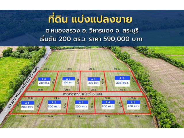 ที่ดินแบ่งแปลงขาย พัฒนาให้เรียบร้อย (โฉนด ครุฑแดง)  ที่ดิน พร้อมถม ติดถนนสาธารณะประโยชน์ทุกแปลง
