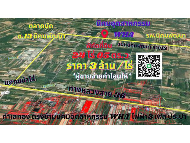 ขายที่ดินระยอง สีม่วงลาย เนื้อที่ 24ไร่ ติดถนนสายนิคมพัฒนา สาย 13 ต.มาบข่า อ.นิคมพัฒนา จ.ระยอง