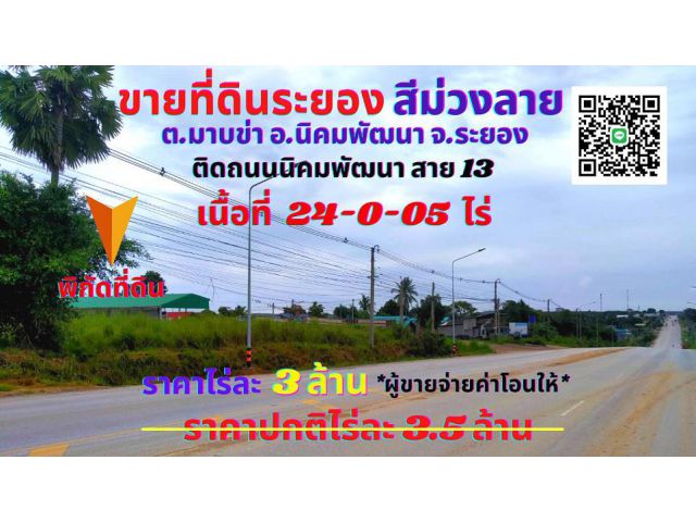 ขายที่ดินระยอง สีม่วงลาย เนื้อที่ 24ไร่ ติดถนนสายนิคมพัฒนา สาย 13 ต.มาบข่า อ.นิคมพัฒนา จ.ระยอง