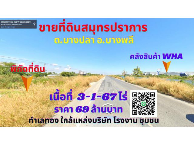 ขายที่ดินสมุทรปราการ บางพลี 3-1-67ไร่ ทำเลทองใกล้คลังสินค้า WHA Logistic Center