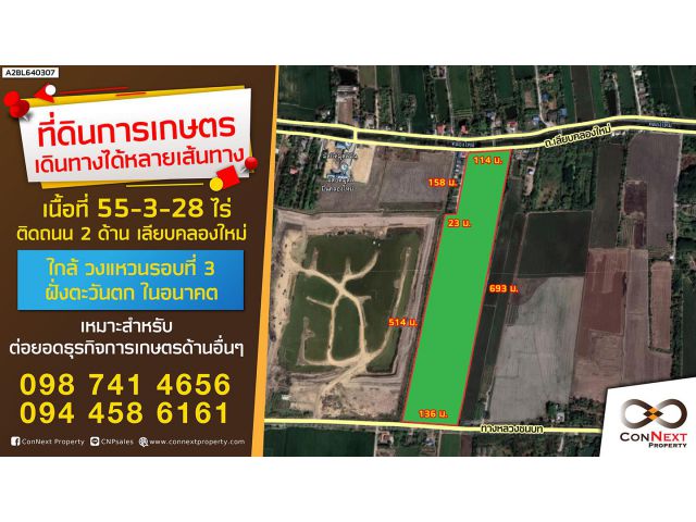 ขายที่ดินติดถนน 2 ด้าน 55-3-28 ไร่ ใกล้วัดเจดีย์หอย อ.ลาดหลุมแก้ว จ.ปทุมธานี