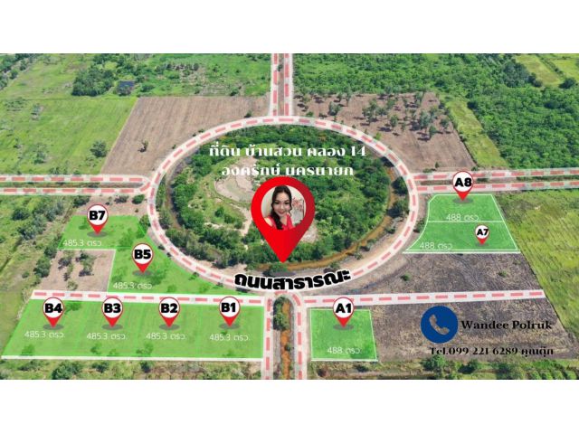ที่ดิน บ้านสวน คลอง 14 องครักษ์ นครนายก เนื้อที่เริ่มต้น 105 -488 ตารางวา