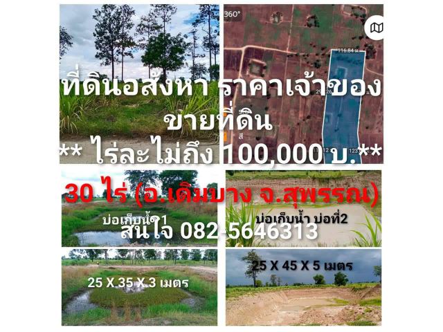 ขายที่ดิน 30ไร่ มีบ่อพักน้ำ 2 บ่อ เดิมบาง สุพรรณ