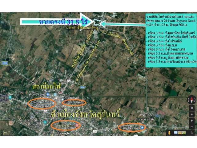 (แบ่งขายได้) ขายที่ดินในตัวเมืองสุรินทร์ 31.5 ไร่