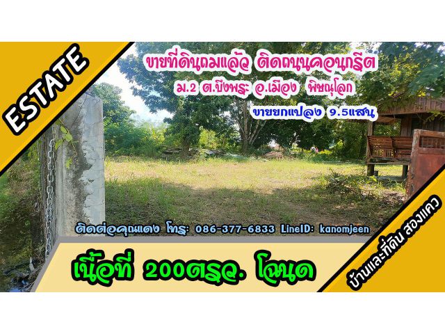 ขายที่ดินถมแล้ว พร้อมรั้ว ติดถนนคอนกรีต 200 ตรว. ม.2 ต.บึงพระ อ.เมือง พิษณุโลก ยกแปลง9.5แสน