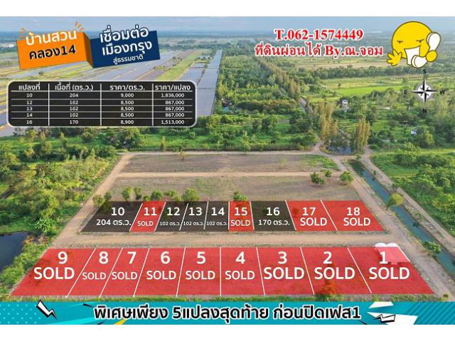 ใกล้ปิดแผง 5.แปลงสุดท้ายที่ดินบ้านสวนคลอง 14. T.062-1574449