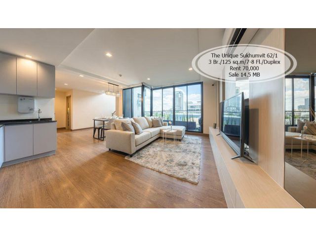 เช่า&ขาย- The Unique Sukhumvit 62/1/ 3 นอน/ Duplex 125 ตรม./ชั้น 7-8 ใกล้ BTS บางจาก เช่า 70,000 /ขาย 14.5 ล้าน
