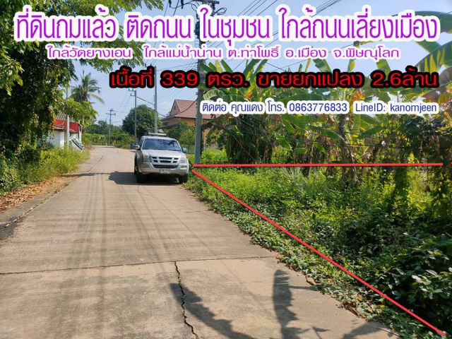 ที่ดินถมแล้ว ติดถนน ในชุมชน 339ตรว. ใกล้วัดยางเอน ต.ท่าโพธิ์ อ.เมือง พิษณุโลก ยกแปลง 2.6ล้าน