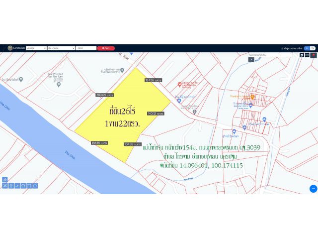 ขายที่ดิน 26ไร่1งาน22ตรว. หน้ากว้าง154ม. ถนน นฐ.3039  ด้านหลังติดแม่น้ำท่าจีน หน้ากว้าง 188ม. ตำบลไทรงาม อ.บางเลน