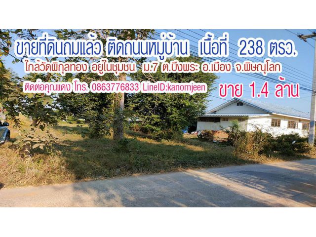 ที่ดินเปล่าถมแล้ว ติดถนน ติดชุมชน ใกล้วัดพิกุลทอง 238ตรว. ม.7 ต.บึงพระ อ.เมืองพิษณุโลก ขาย 1.4ล้าน