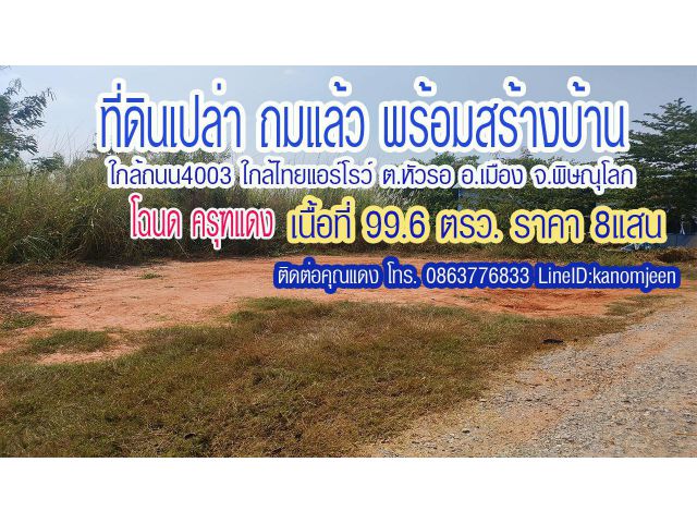 ที่ดินเปล่าถมแล้ว ใกล้บริษัทไทยแอร์โรว์ เนื้อที่ 99.6 ตรว. ต.หัวรอ อ.เมืองพิษณุโลก ขาย 8แสน