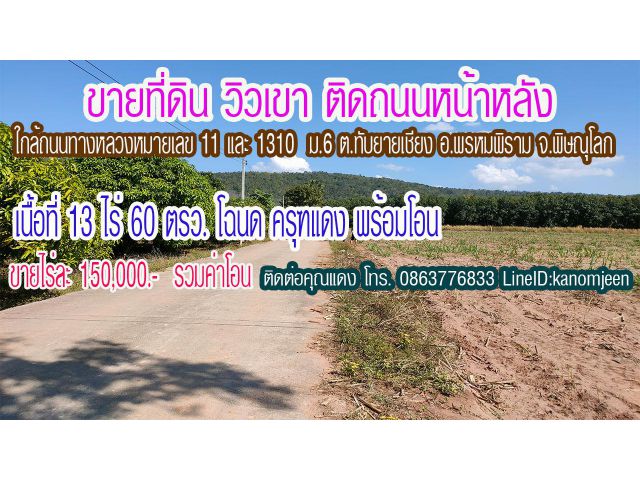 ขายที่ดินติดถนนหน้า-หลัง 13ไร่60 ตรว. ใกล้ทล.11  ม.6 ต.ทับยายเชียง อ.พรหมพิราม พิษณุโลก 1.5แสนต่อไร่