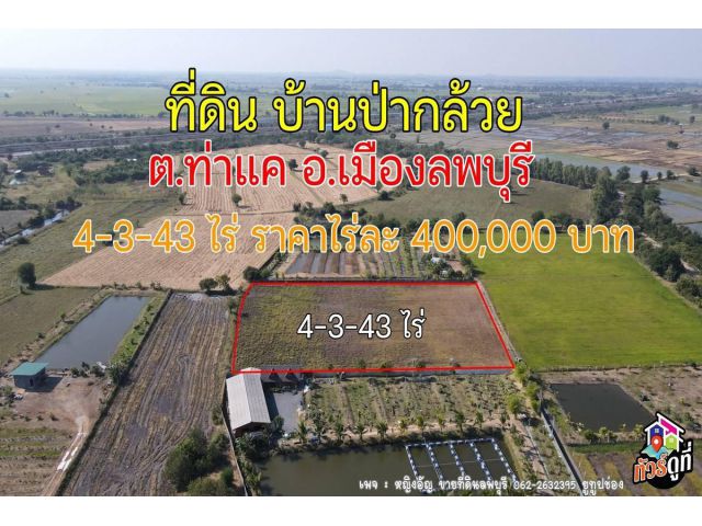 ที่ดินแปลงสวย ใกล้ตัวเมือง เนื้อที่ 4-3-43 ไร่ บ้านป่ากล้วย ต.ท่าแค อ.เมือง จ.ลพบุรี เอกสารสิทธิ์ : โฉนดครุฑแดง นส.4 จ