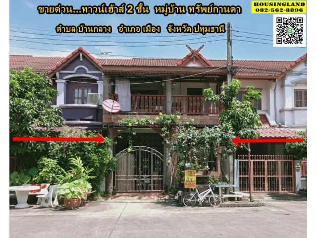 ขายบ้านทาวน์เฮ้าส์ 2 ชั้น หมู่บ้าน ทรัพย์กานดา ใกล้วัดศาลเจ้า วัดมะขาม  ตำบลบ้านกลาง อำเภอเมืองปทุม จังหวัดปทุมธานี