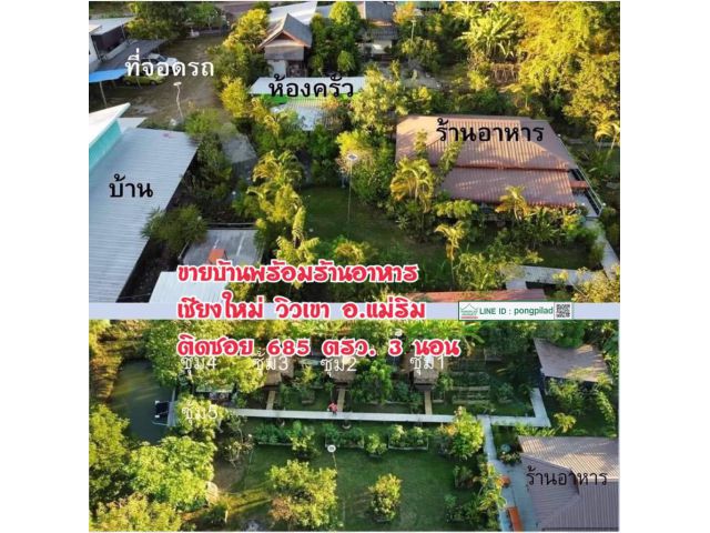 ขายบ้านพร้อมร้านอาหารเชียงใหม่ วิวเขา อ.แม่ริม ติดซอย 685 ตรว.
