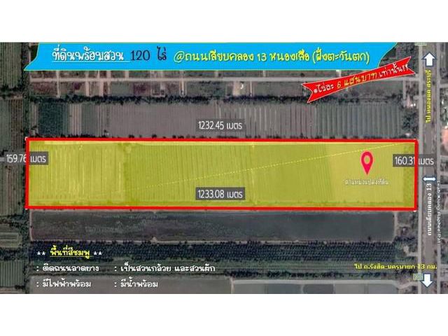 ที่ดิน 120ไร่ เรียบคลอง13 หนองเสือ