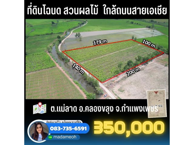 ขายสวนผลไม้ ใกล้สายเอเชีย ไร่ละ350,000 คลองขลุง กำแพงดพชร