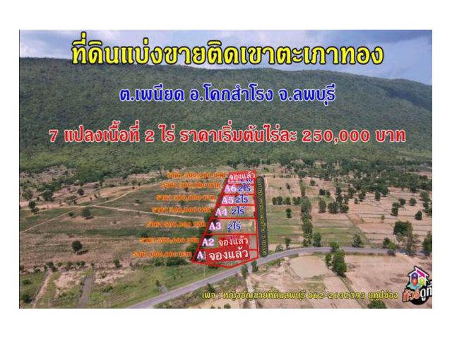 ที่ดินแบ่งขายติดวิวเขาตะเภาทอง เนื้อที่ 2 ไร่ ราคาเริ่มต้น 250,000 บาท ต.เพนียด อ.โคกสำโรง จ.ลพบุรี