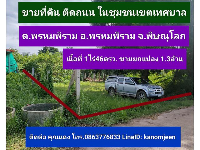 ที่ดินติดถนน ในเขตเทศบาลพรหมพิราม อ.พรหมพิราม จ.พิษณุโลก พท.1ไร่46ตรว.