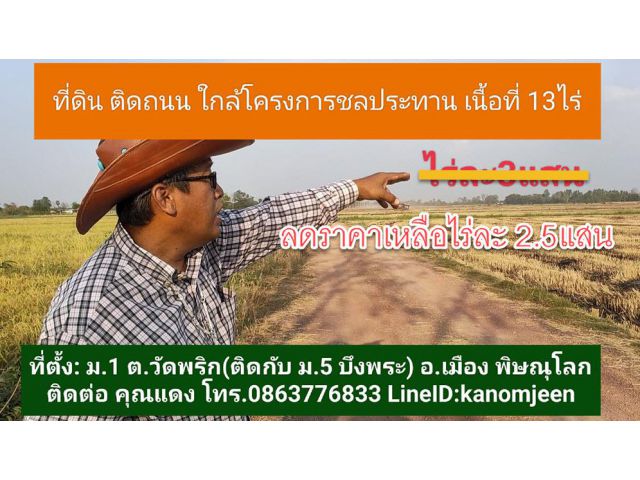 ที่ดิน ติดถนน ใกล้โครงการสร้างคลองชลฯ  ม.1 ต.วัดพริก อ.เมือง พิษณุโลก เนื้อที่ 13ไร่ ไร่ละ 3 แสน