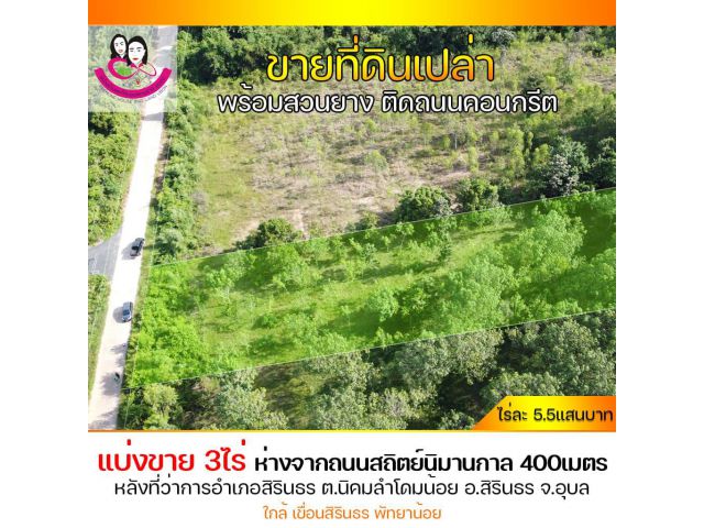 ขายที่ดิน พร้อมสวนยาง  หลังที่ว่าการอำเภอสิรินธร ใกล้เขื่อนสิรินธร