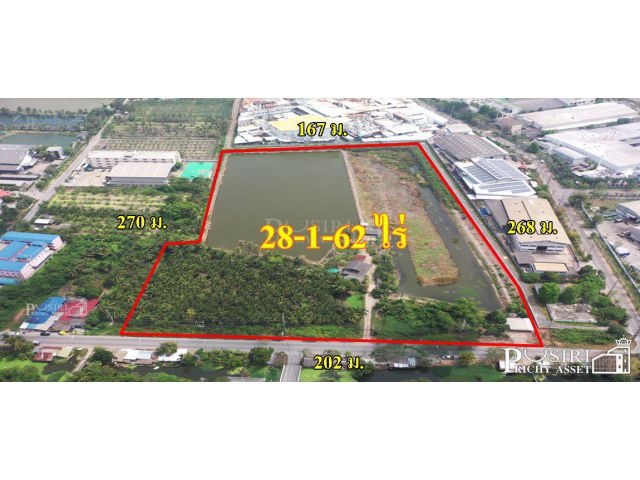ที่สวย สร้างโรงงานได้ทุกประเภท หน้ากว้าง 202 เมตร ขนาด 28 ไร่ 162 วา ติดคลอง ถนนกว้างใช้รถเทเลอร์ได้สะดวก ใกล้นิคมสมุทรส
