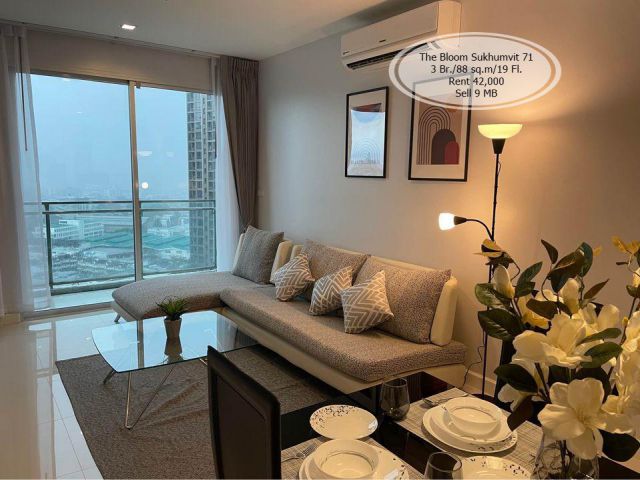 เช่า&ขาย- The Bloom Sukhumvit 71/3 ห้องนอน/ 88 ตร.ม. /ชั้น 19 ใกล้ BTS พระโขนง /เช่า 42,000/ขาย 9 ล้าน