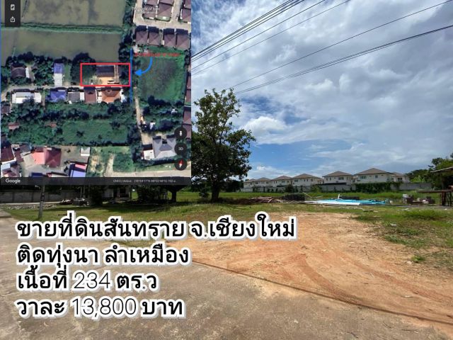 ขายที่ดินต.สันพระเนตร  อ.สันทราย จ.เชียงใหม่ ติดทุ่งนา ลำเหมือง เนื้อที่ 234 ตร.ว.