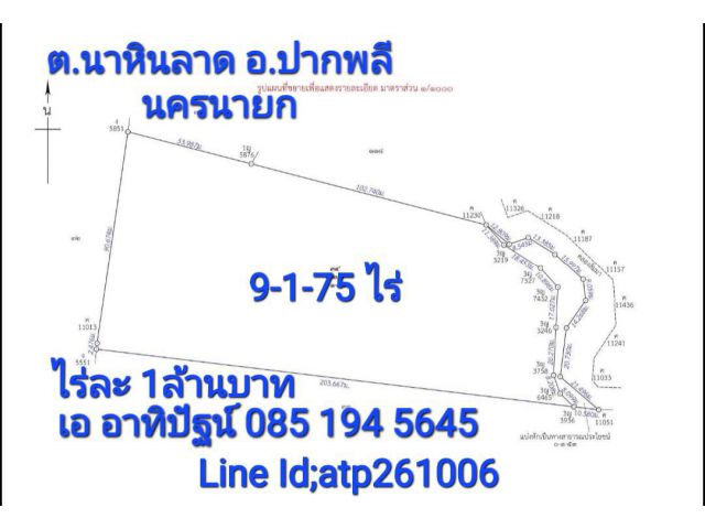 ขายที่9-1-75ไร่ ติดถนนสาธารณ เอกสารโฉนด ต.นาหินลาด อ.ปากพลี นครนายก