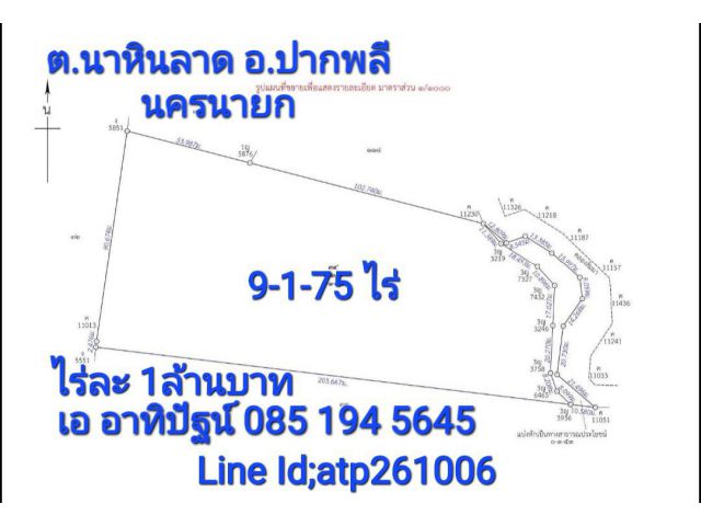 ขายที่9-1-75ไร่ ติดถนนสาธารณ เอกสารโฉนด ต.นาหินลาด อ.ปากพลี นครนายก